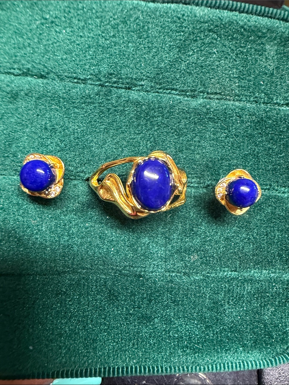 Golden dark  lapis  Stone Ring and Earring Set s925 stamp ring 8 adjustable